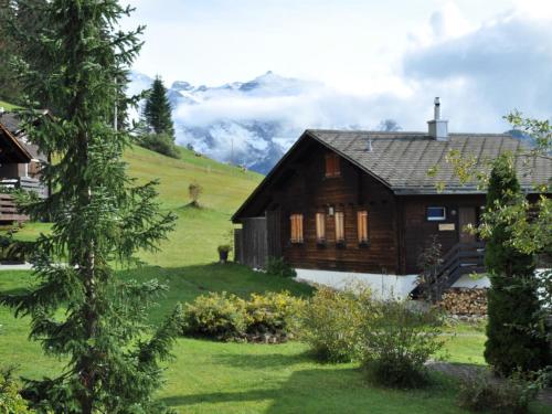 ein Holzhaus auf einem Feld mit einem Berg in der Unterkunft Apartment Sumpfbödeli by Interhome in Lenk im Simmental