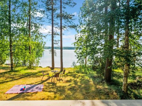 ein Picknicktisch und Stühle auf einem Feld neben einem See in der Unterkunft Holiday Home Hauki by Interhome in Hiukkajoki