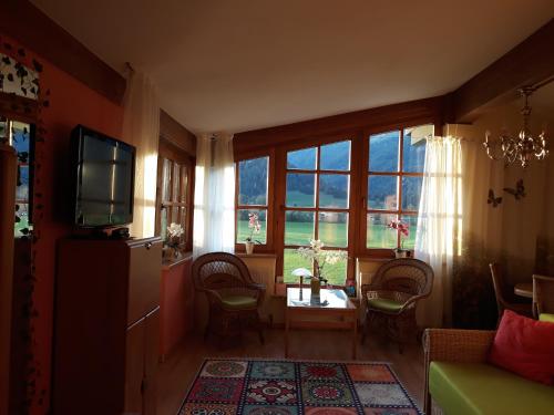 salon z lodówką i oknem w obiekcie Ferienwohnung Orchidee w mieście Kössen