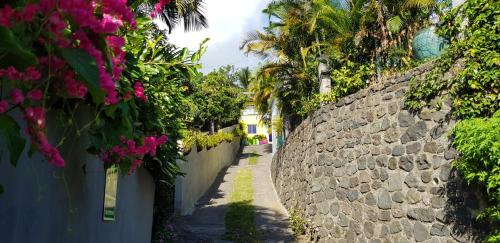 un callejón con flores al lado de una pared de piedra en Maison de 2 chambres avec vue sur la mer jardin clos et wifi a Saint Paul, en Saint-Paul