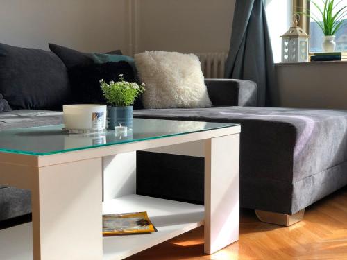 una sala de estar con una mesa y un sofá en Korzo Apartment, Subotica, en Subotica