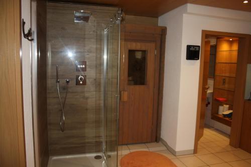 a shower with a glass door in a bathroom at Apartment mit Sauna in Frickingen