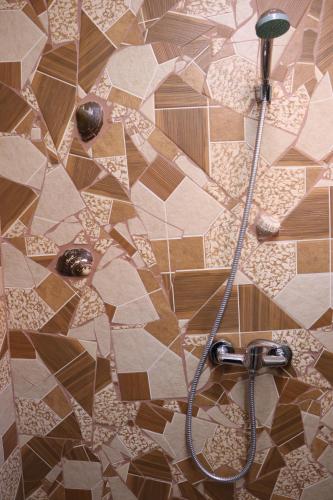 eine Dusche im Bad mit einer gefliesten Wand in der Unterkunft Miliza Agropensiunea in Petriş