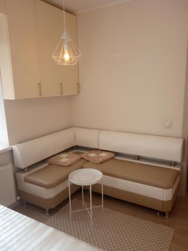 Modern appartment near Sofievka في أومان: غرفة معيشة مع أريكة وطاولة