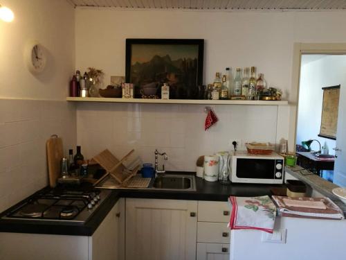 a kitchen with a stove and a microwave on a counter at Appartamento a Fraisse. Natura e sport. A pochi minuti da Pragelato in Usseaux