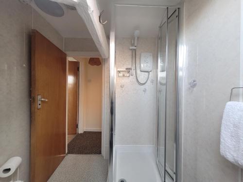 a bathroom with a shower and a bath tub at Large 5 bed town-centre home close to the beach, sleeps 9 in Aberystwyth