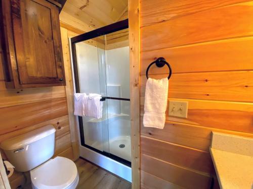 W łazience znajduje się toaleta i przeszklony prysznic. w obiekcie B1 NEW Awesome Tiny Home with AC Mountain Views Minutes to Skiing Hiking Attractions w mieście Carroll