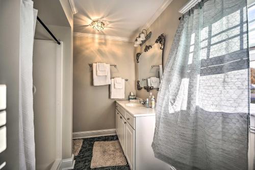 a bathroom with a sink and a shower curtain at Waterfront Lake Champlain Home with Fire Pit! in Saint Albans Bay