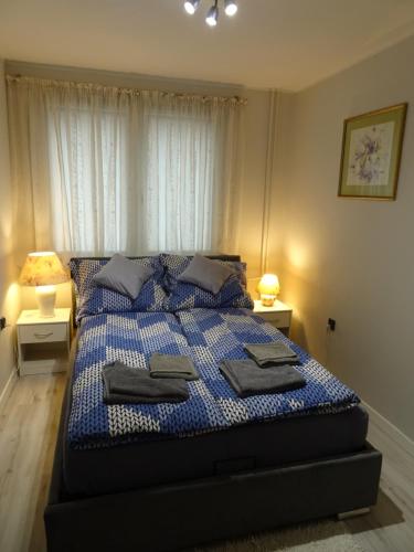 um quarto com uma cama azul com duas almofadas em GRUNWALD APARTMENTS em Szczecin