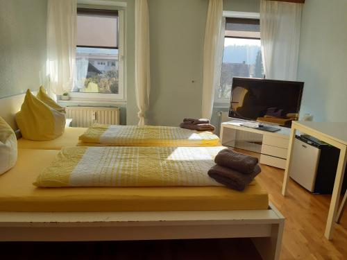 a bedroom with a large bed and a flat screen tv at Deutscher Kaiser in Lauchringen