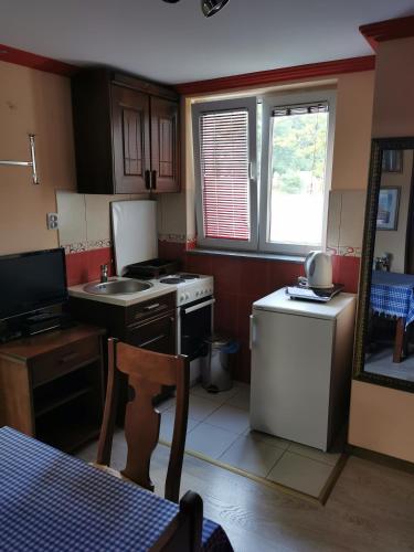 a small kitchen with a stove and a sink at Apartments Razvršje in Žabljak