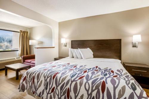 um quarto de hotel com uma cama e uma janela em Red Roof Inn Fayetteville I-95 em Fayetteville
