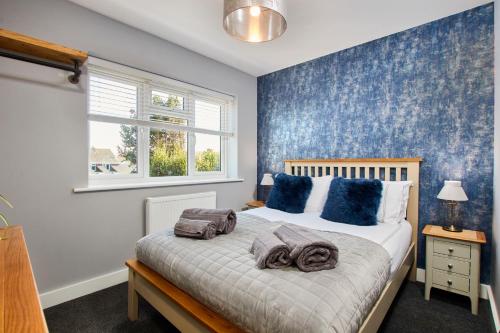um quarto com uma cama com uma parede azul em Meadow Cott em Milford on Sea
