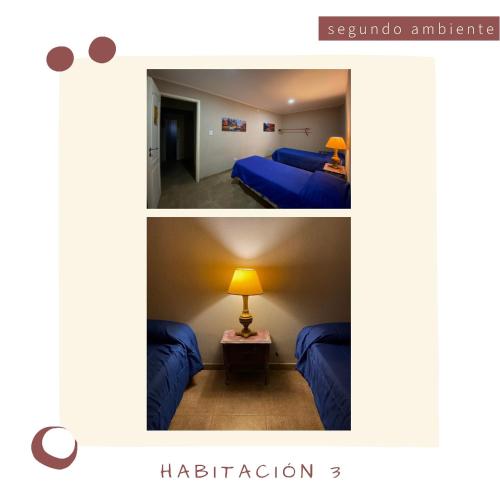 two pictures of a room with two beds and a lamp at Un rincón en las Sierras in Sierra de los Padres