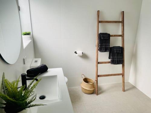 a bathroom with a white sink and a wooden ladder at Casa Swift in McLaren Flat