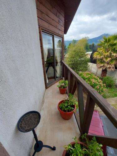 チョシュエンコにあるCabañas La Travesíaの鉢植えの植物とバルコニーのグリル付きパティオ