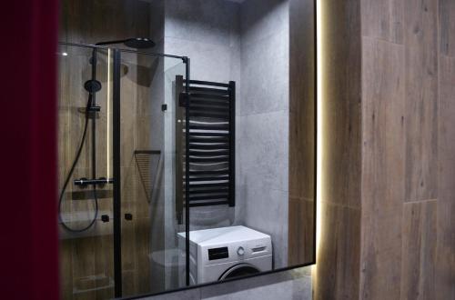ein Bad mit einer Dusche und einem WC im Spiegel in der Unterkunft Kostjukowski apartments Nekrasova 45a in Lwiw