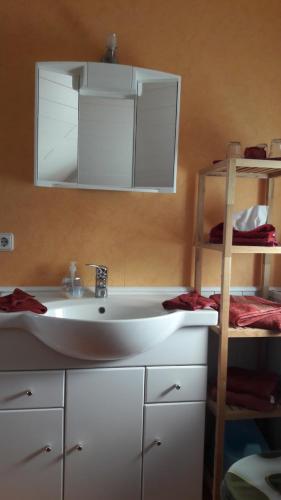 a bathroom with a white sink and a shelf at Haus Sonne,Seeblick 57 in Boiensdorf