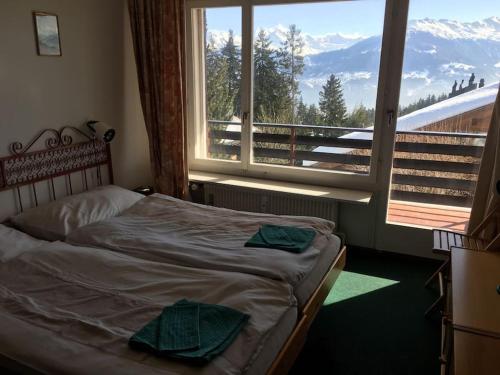 a bedroom with a bed and a large window at Appartement 3 pièces avec magnifique vue in Crans-Montana