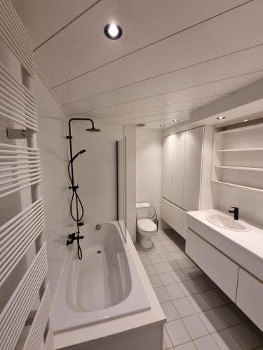 y baño con bañera, aseo y lavamanos. en Duplex Appartement Opex, en Ostende