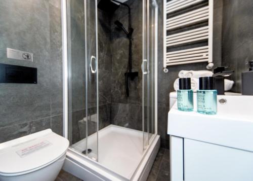 a bathroom with a shower and a toilet and a sink at Apartament Matejki E in Bielsko-Biala
