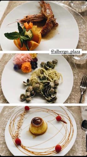 two pictures of a plate of food on a table at Albergo Ristorante Plaza in Tornolo