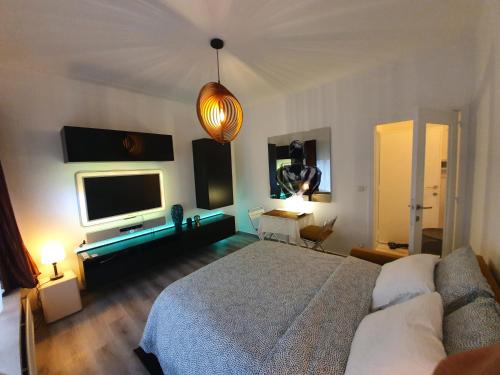 a bedroom with a bed and a flat screen tv at Cosy Corner Hof Van Tichelen in Antwerp