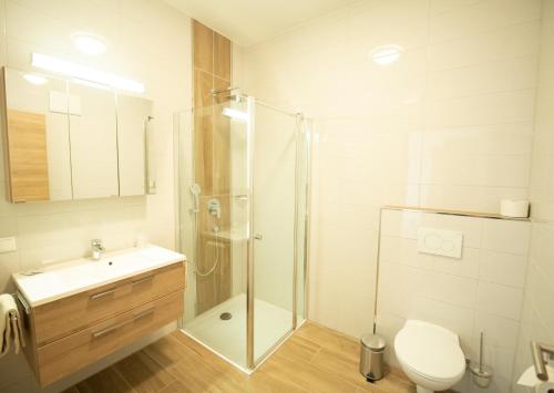 a bathroom with a shower and a toilet and a sink at Stadthotel Donauwörth in Donauwörth