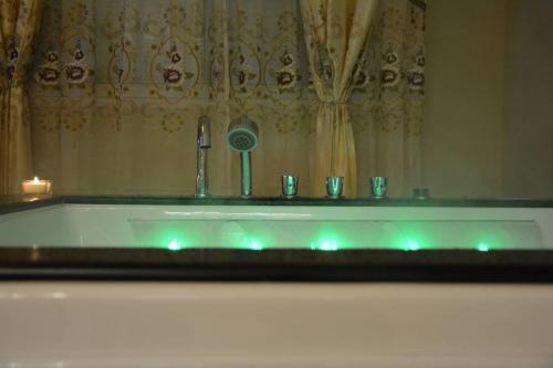 a bathroom with a bath tub with a shower curtain at Le Petit Versailles in Vernon
