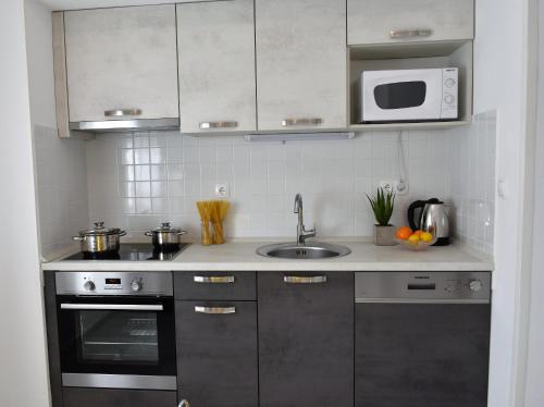 a kitchen with a sink and a microwave at Apartment Meryl in Mravince