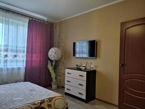 Comfort Apartments في فيليكي نوفغورود: غرفة نوم مع سرير وتلفزيون على الحائط