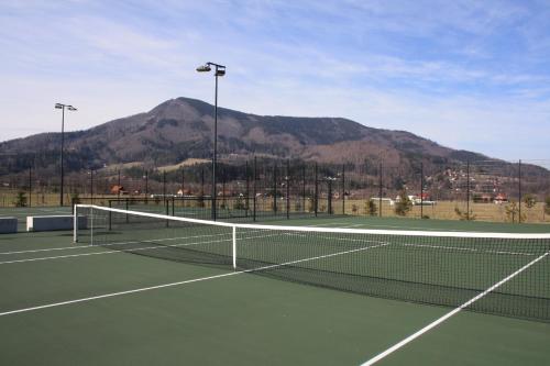 a tennis net on a tennis court with mountains in the background at Miura Hotel in Čeladná