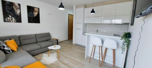 a living room with a couch and a kitchen at Artemis Apartment in Ulcinj