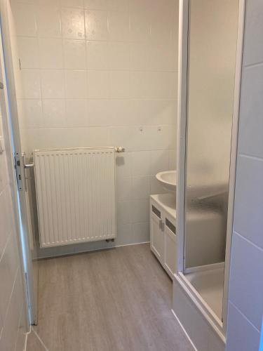 a bathroom with a shower and a toilet and a sink at Urlaubsoase Ostsee in Hohen Schönberg