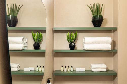 a bathroom with green shelves with towels and plants at Hotel Porta San Mamolo in Bologna