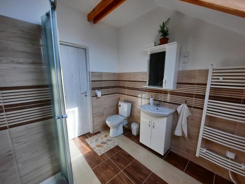 a bathroom with a toilet and a sink at Orchidea Apartmanház in Gyomaendrőd