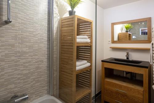 une salle de bain avec douche et lavabo dans l'établissement Neige Apartment - Chamonix All Year, à Chamonix-Mont-Blanc