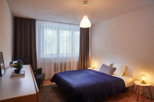 a bedroom with a blue bed and a window at Hidden Gem of Jasna, Váš skrytý poklad v Jasnej in Liptovský Mikuláš