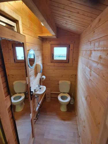 uma pequena casa de banho com 2 WC e um lavatório em 17b DB Airbnb em Wexford