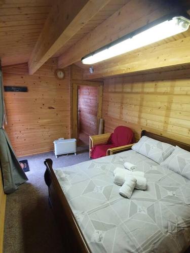 a bedroom with a large bed in a wooden room at 17b DB Airbnb in Wexford