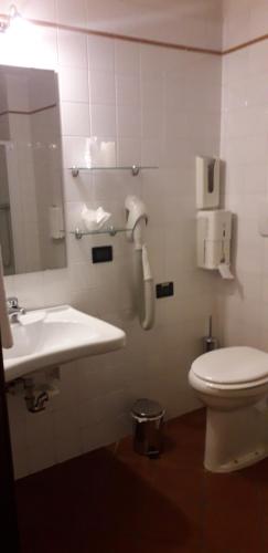 a bathroom with a sink and a toilet and a mirror at Hotel De Prati in Ferrara