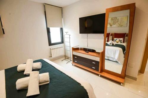 ein Schlafzimmer mit einem Bett und einem großen Spiegel in der Unterkunft Siéntete como en casa en Apartamento Padre Isla in León