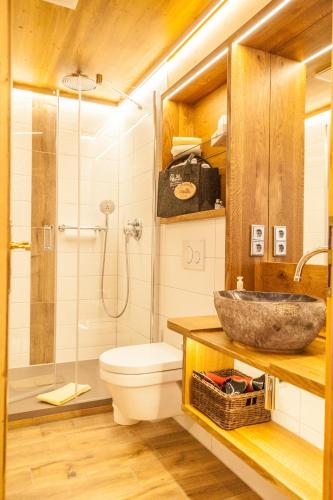 a bathroom with a sink and a toilet and a shower at Hotel und Restaurant Köhlerhütte - Fürstenbrunn in Grünhain-Beierfeld