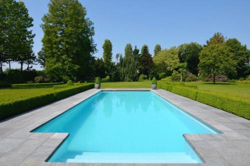 a large blue swimming pool in a garden at Moleneinde 10 in Weelde