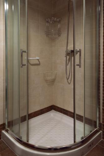 a shower with a glass door in a bathroom at Casa Rural La Gallega in Aracena