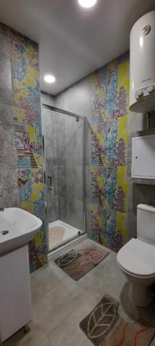 a bathroom with a shower and a toilet and a sink at Красивая дизайнерская 2шка на пр. Гагарина in Kharkiv