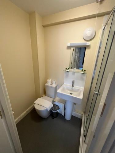 a bathroom with a toilet and a sink at The Swan @Old Stratford in Milton Keynes