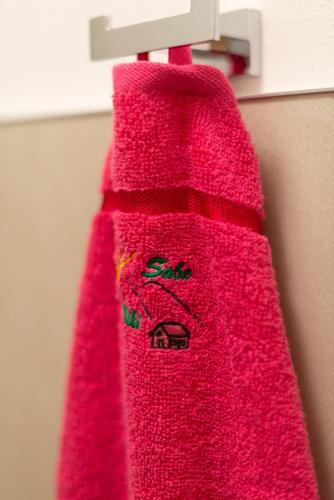 a red towel is hanging on a towel rack at Sobe Mili Ozren in Doboj