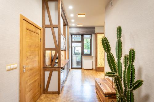a cactus in the hallway of a house with a door at Krakowhomes in Kraków