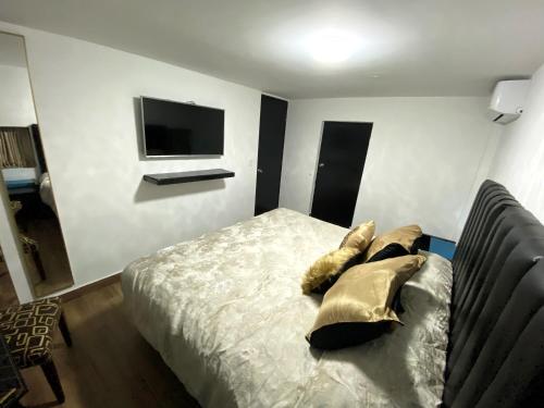 a bedroom with a bed with pillows and a television at Hotel Olé in Monterrey